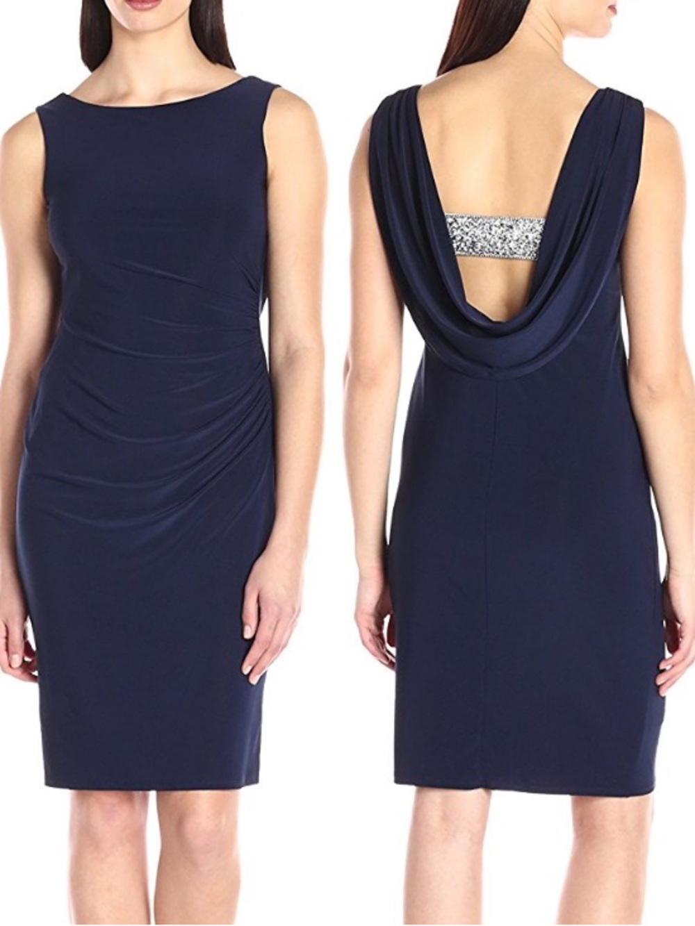 MARINA Navy Backless Sleeveless Midi Dress with Side Ruching